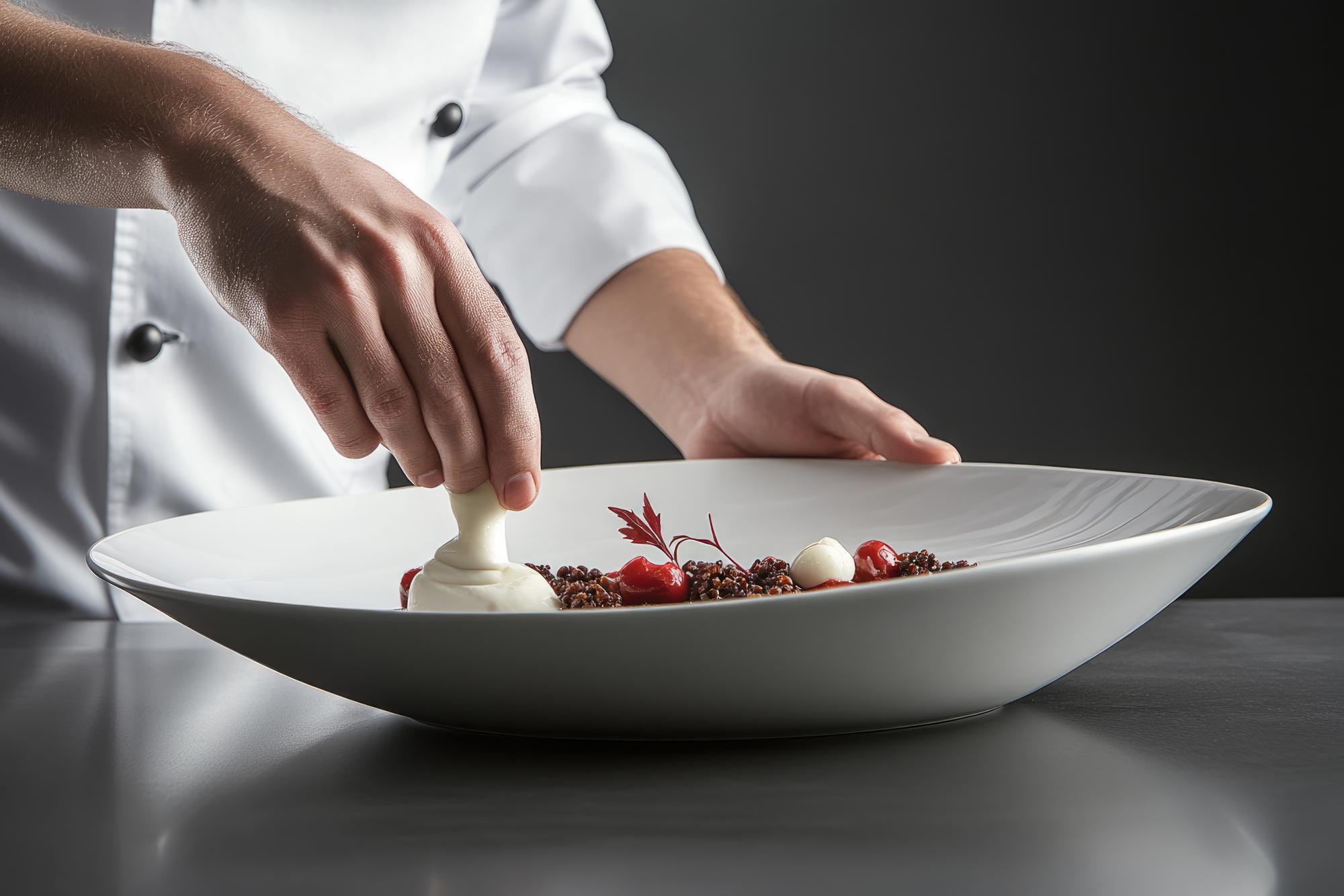 chef plating modern dish in studio